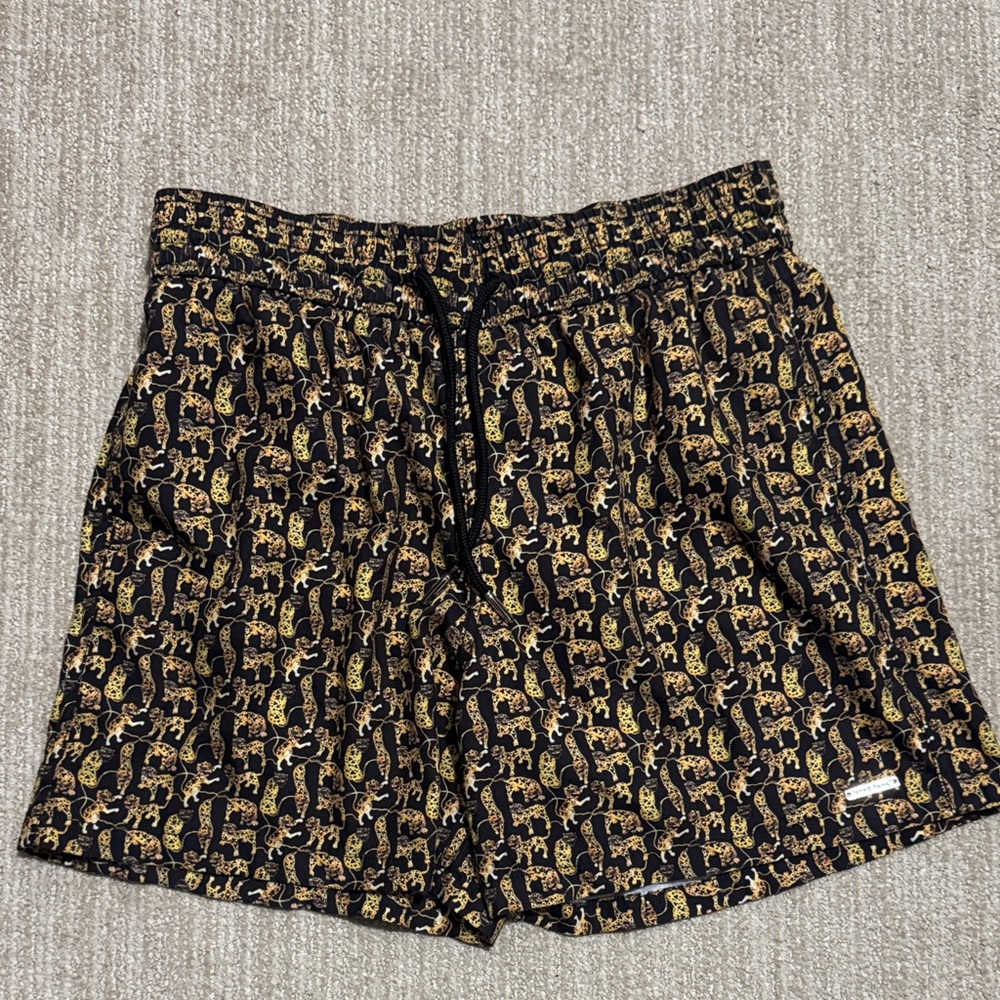 Jared Lang Mens M Black Animal Print Hybrid Swim Trunks Mesh Lined Board Shorts